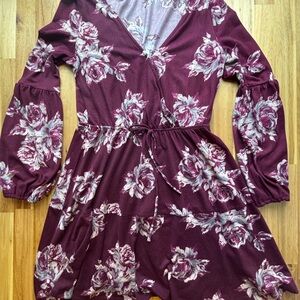 Altar’d State Floral Burgundy Long Sleeve Dress